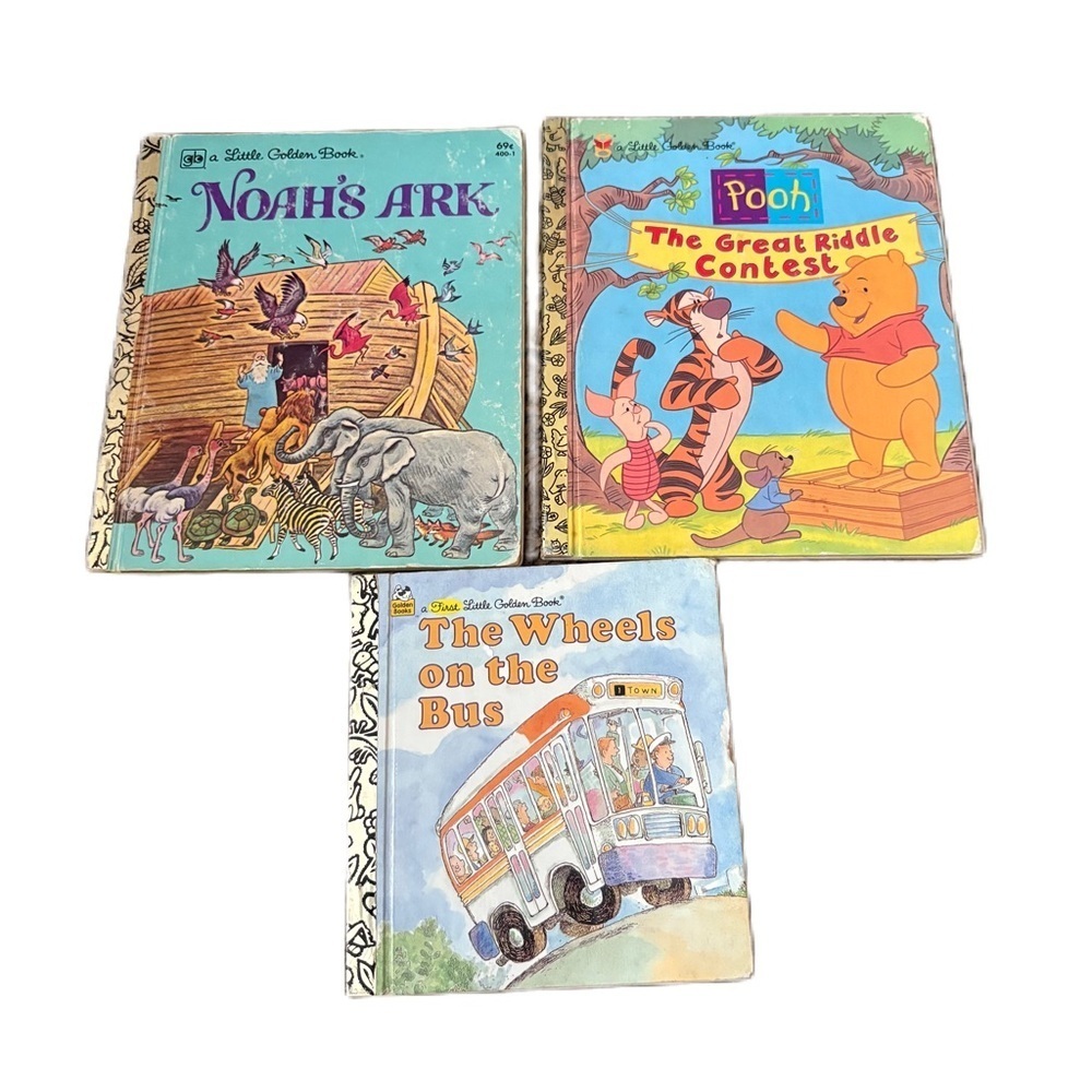 Vintage Little Golden Book Bundle Lot Noah’s Ark Wheels on the Bus Disney Pooh